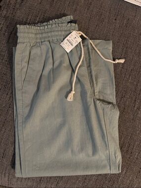 J. Crew Sage Green Paperbag Waist cotton linen pant with Rope Drawstring